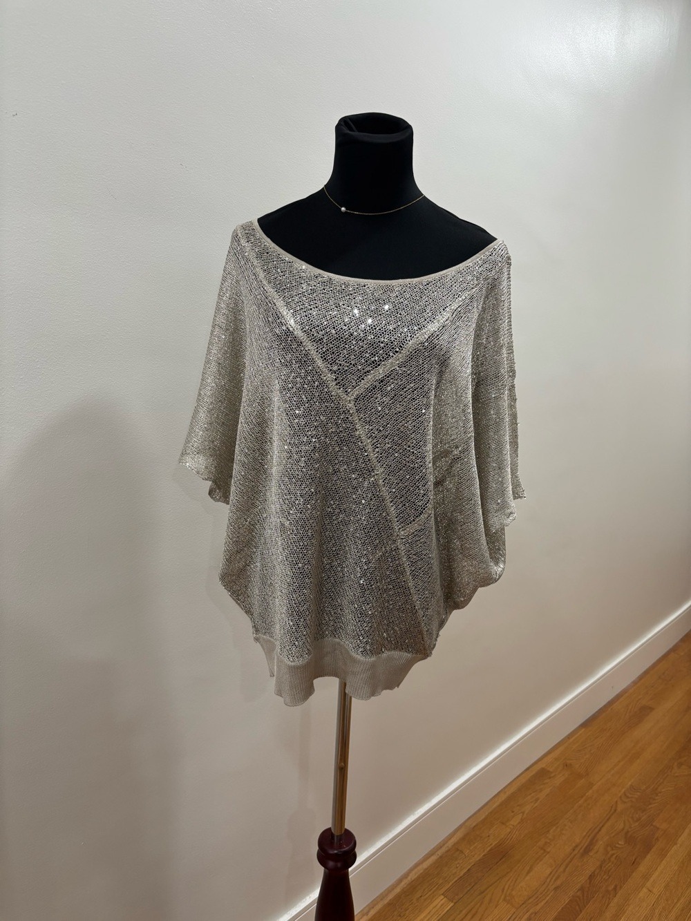 828. Women's Shimmery Silver Knit Sweater Poncho